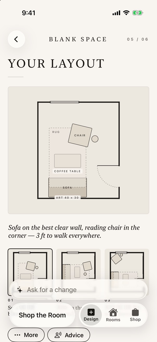 Your layout: a floor plan with the sofa, rug, coffee table and chair labeled
