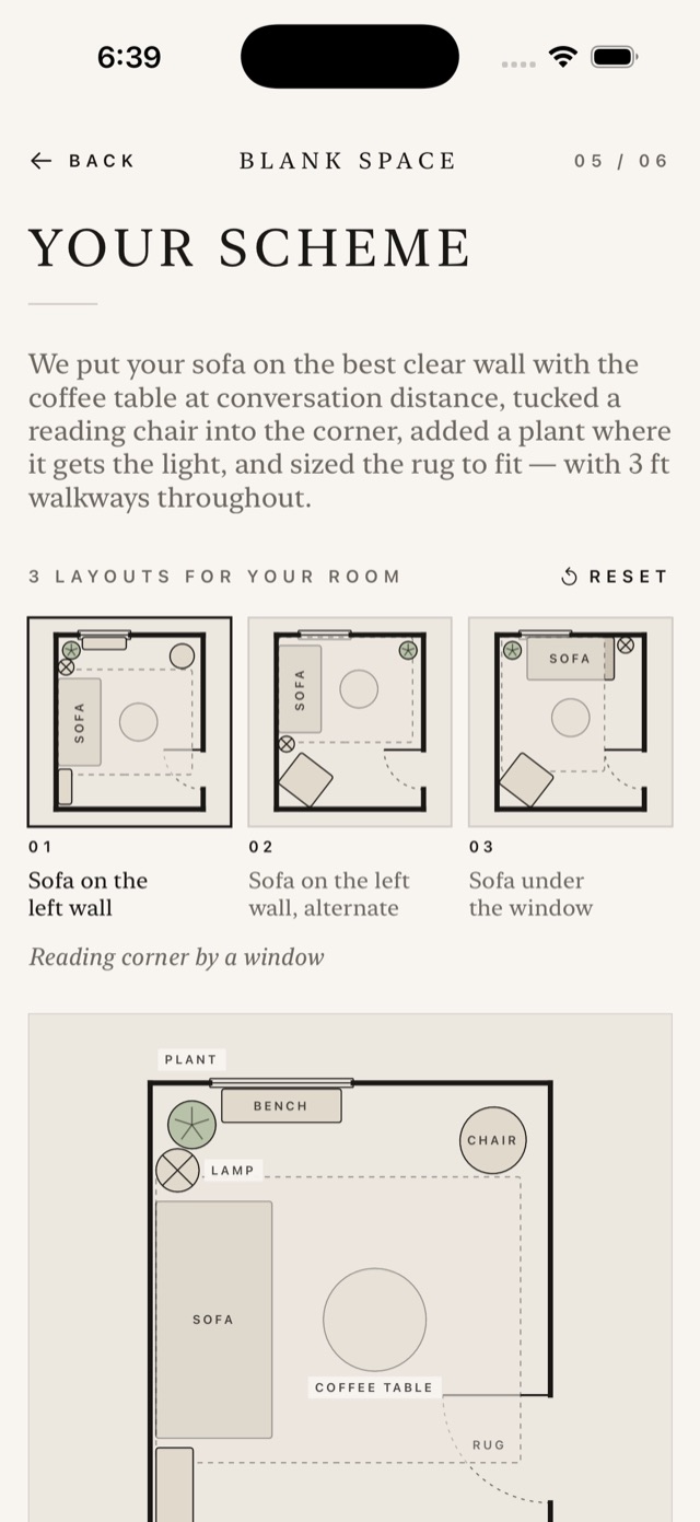 Three layout options and a labeled floor plan