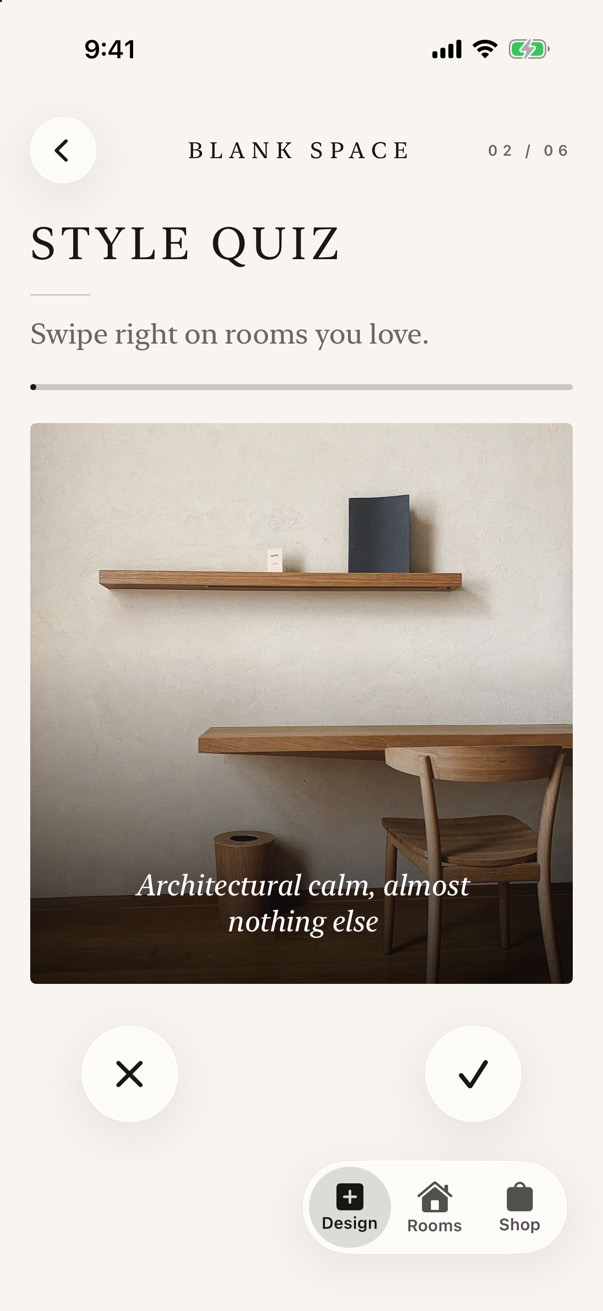 The style quiz: an oak desk under a plaster wall, to swipe right or left on